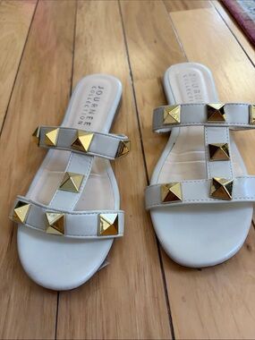 Journee Collection White Slide Sandals with Gold Pyramid Studs
